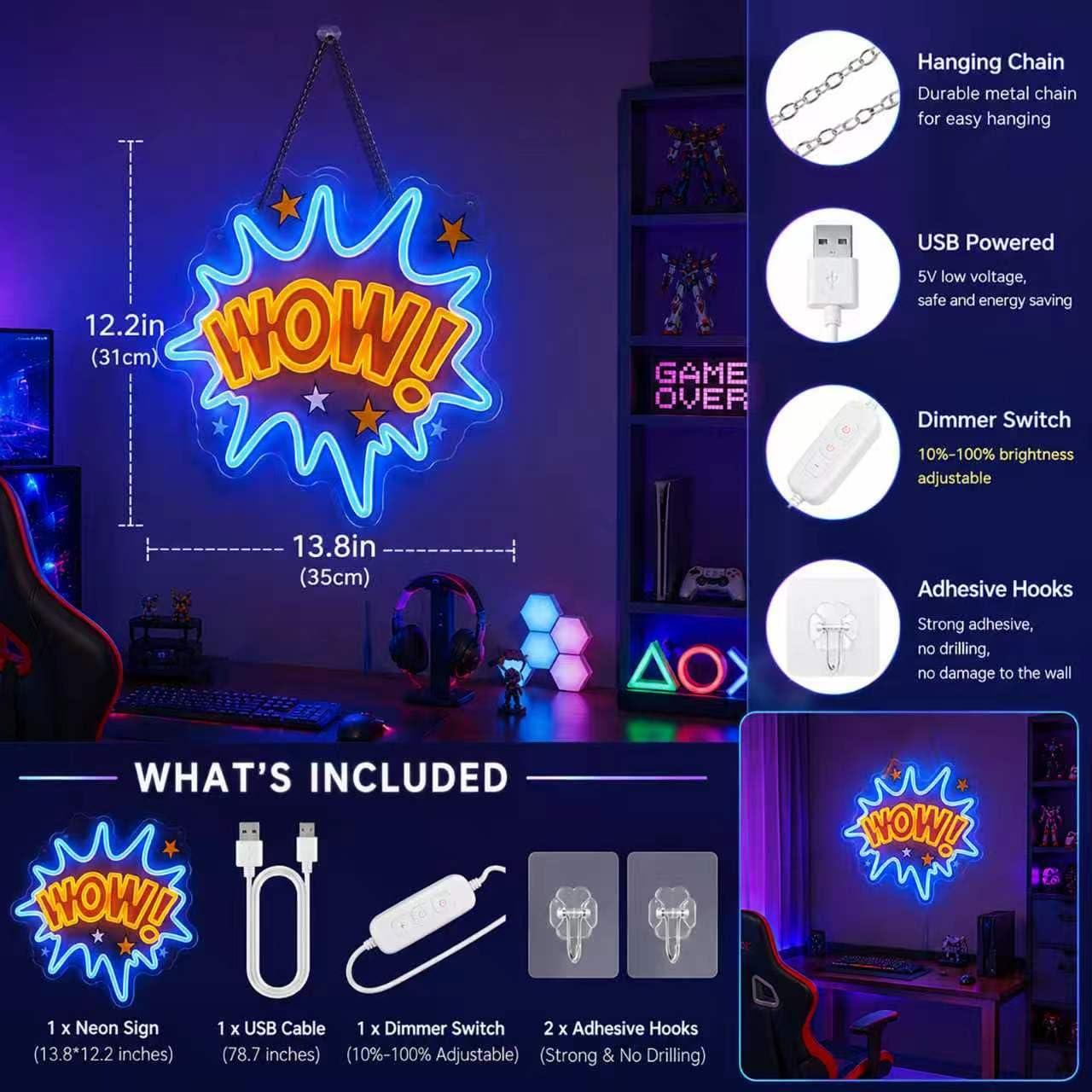 WOW Neon Sign USB Dimmable LED - đánh giá và giá Lighting Decor Wow