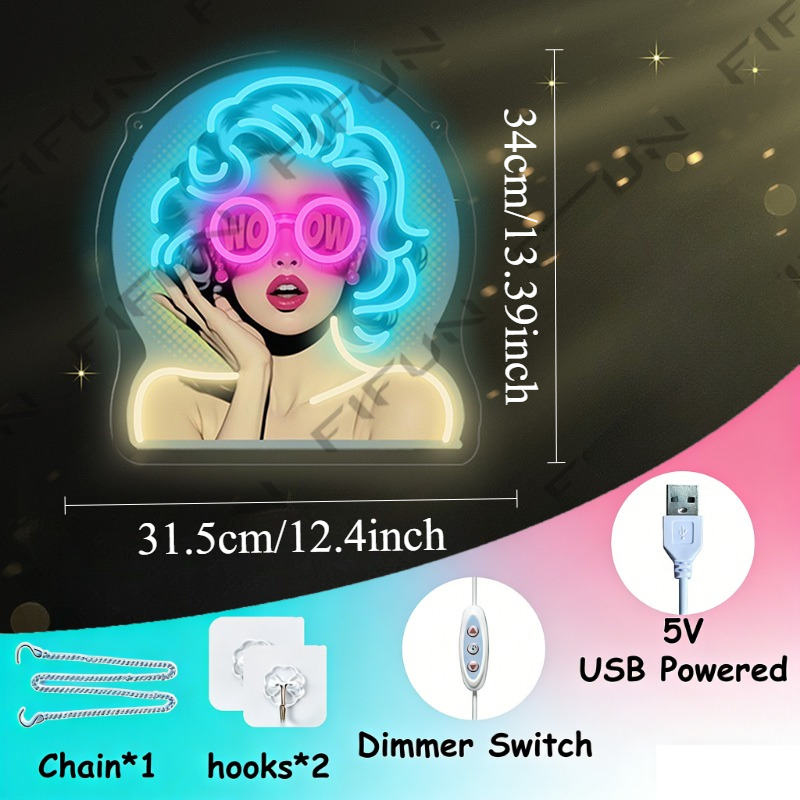 WOW Curl Girl Neon Sign UV Pri - đánh giá và giá Lighting Decor Wow